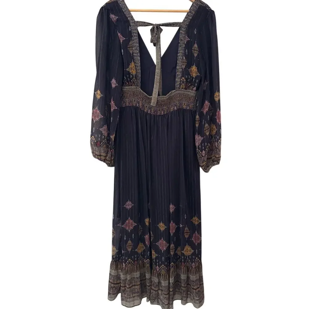 Free People Wishing Well Metallic Lurex Boho Printed Midi Dress Purple Sz Large - Picture 10 of 10